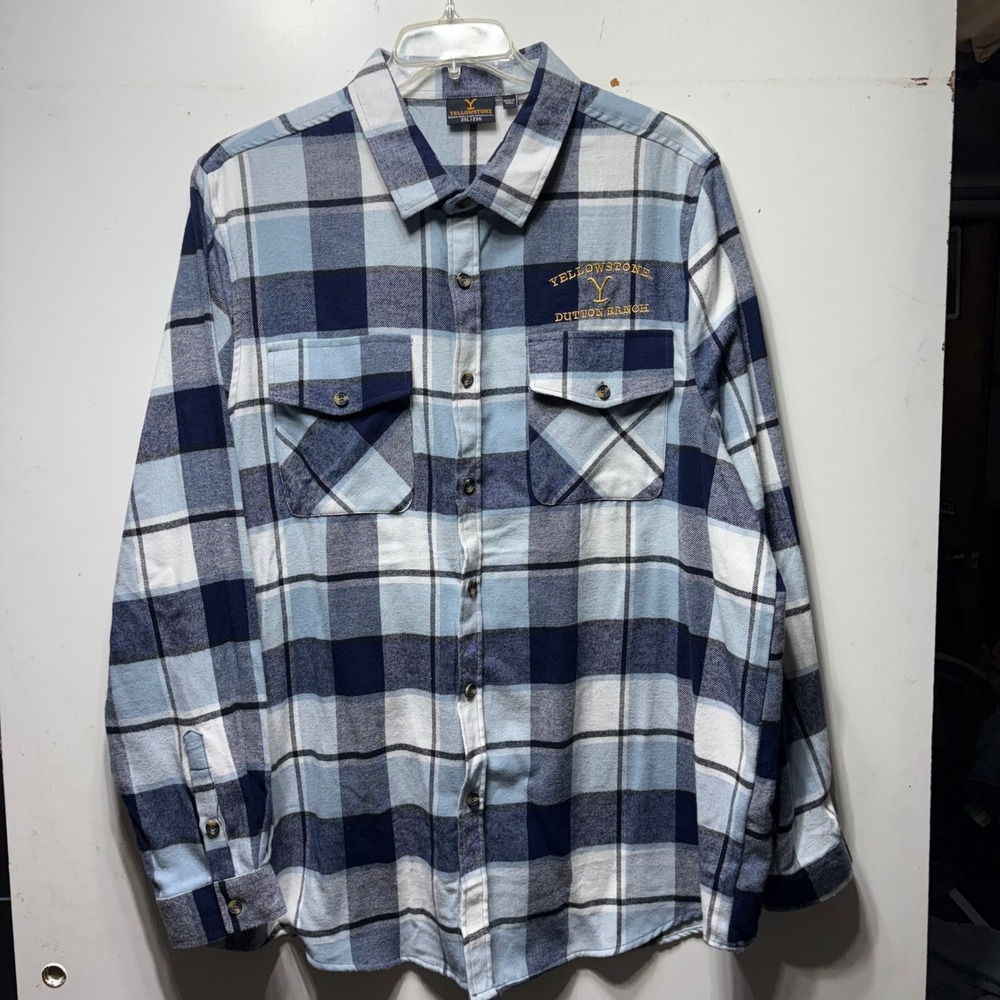 Yellowstone Dutton Ranch Mens 2XL Blue Plaid Flannel Button Up Shirt Long Sleeve